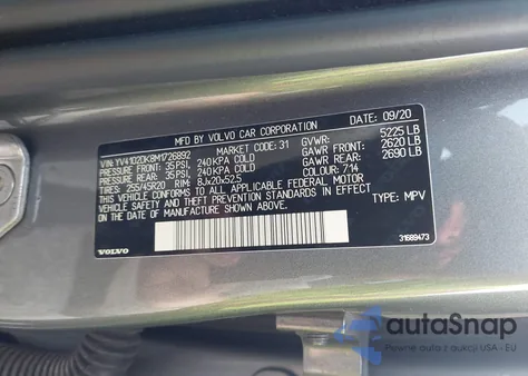 2021 Volvo Xc60 T5 Momentum z USA, uszkodzony, nr VIN YV4102DK8M1726892